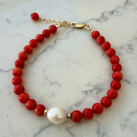 Red Coral and Fresh Water Pearl Bracelet