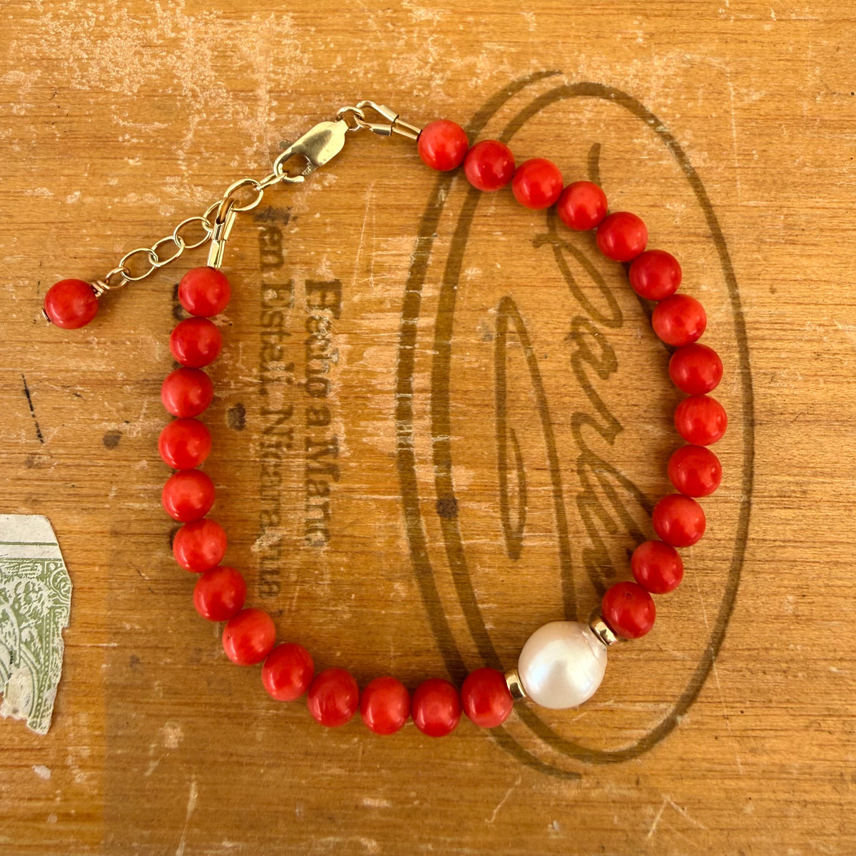 Red Coral and Fresh Water Pearl Bracelet