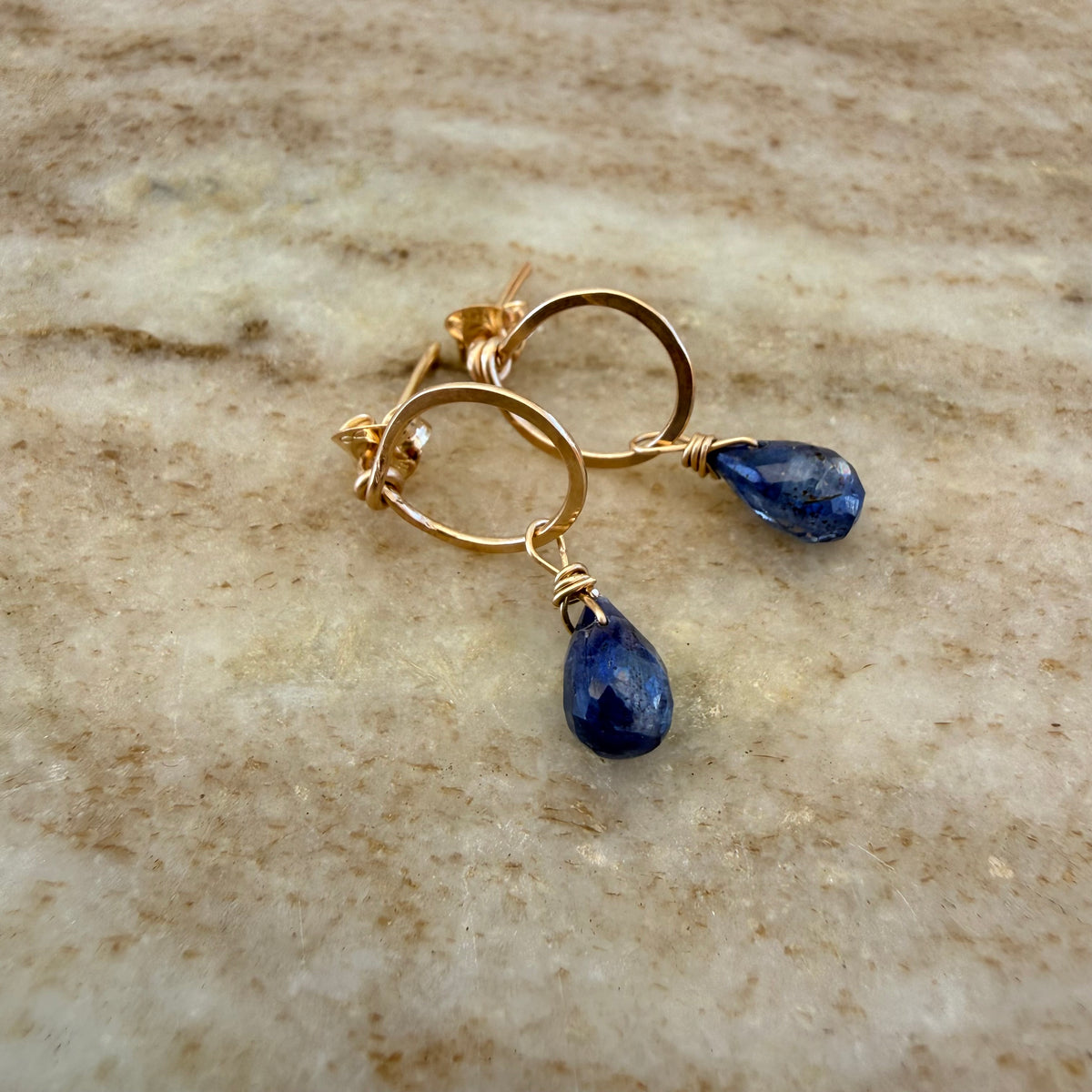 Gold Filled Hammered Ring Post Earrings with Gemstone Drops