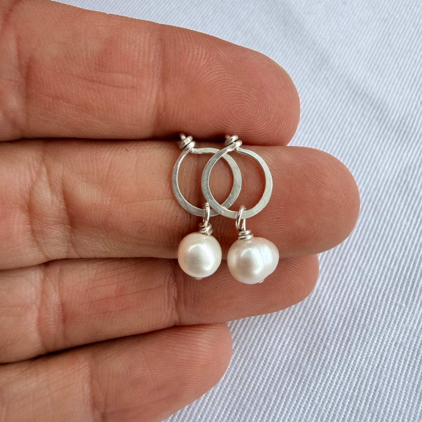 Sterling Silver Hammered Ring Post Earrings with Pearl Drops