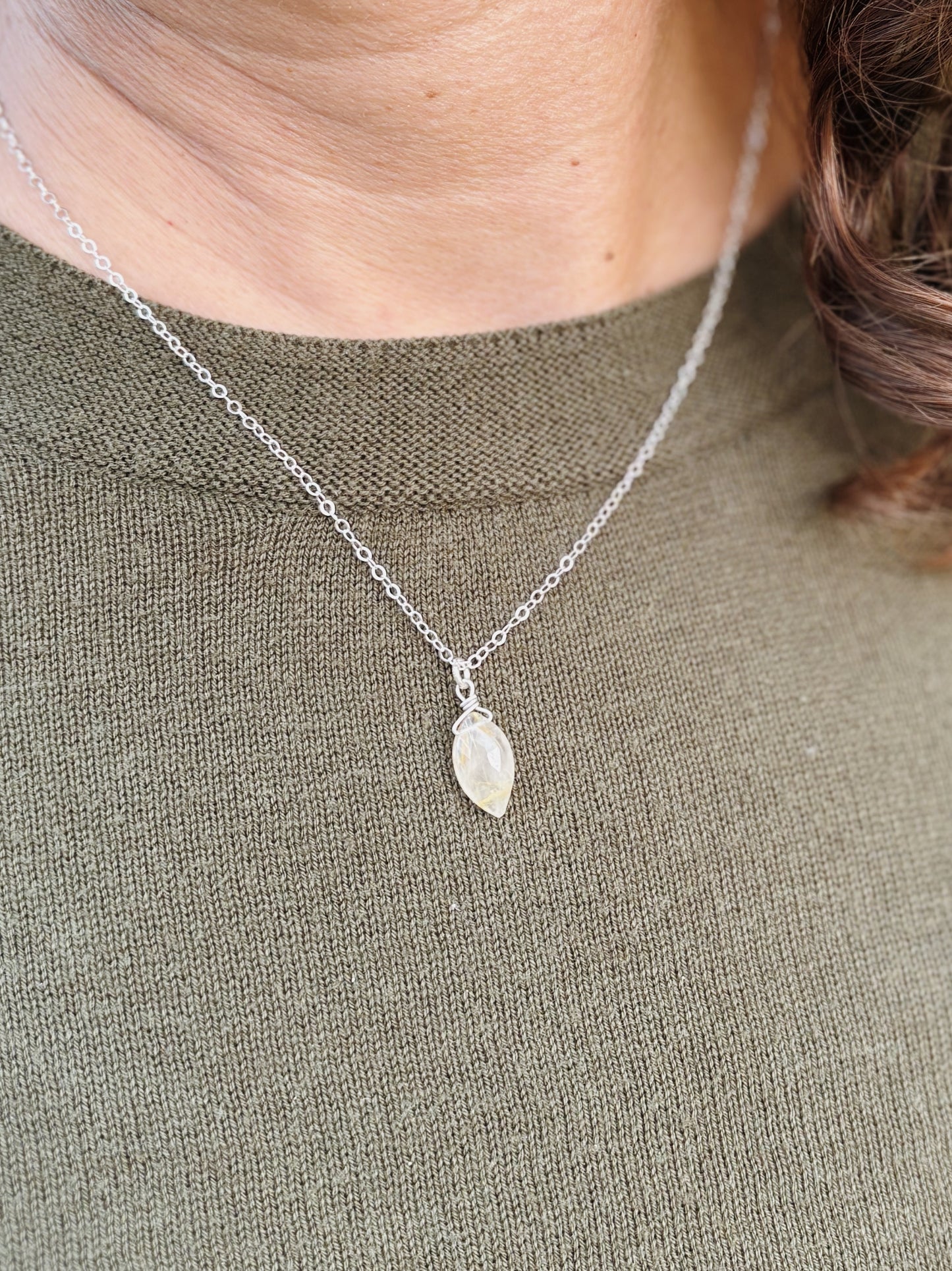 Rutile Quartz Marquis Drop on Fine Sterling Chain