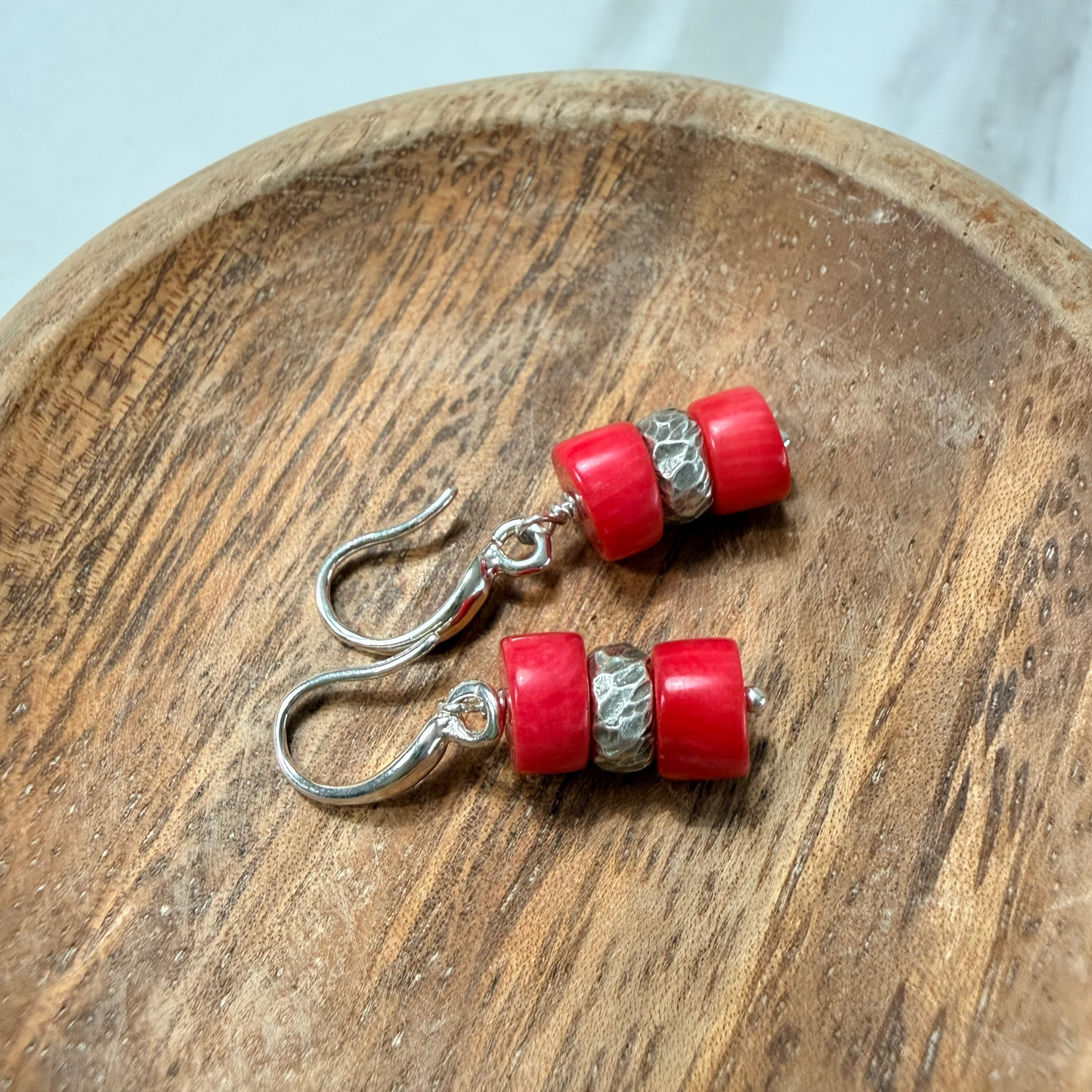 Double stack coral beaded earring with Thai silver bead spacer