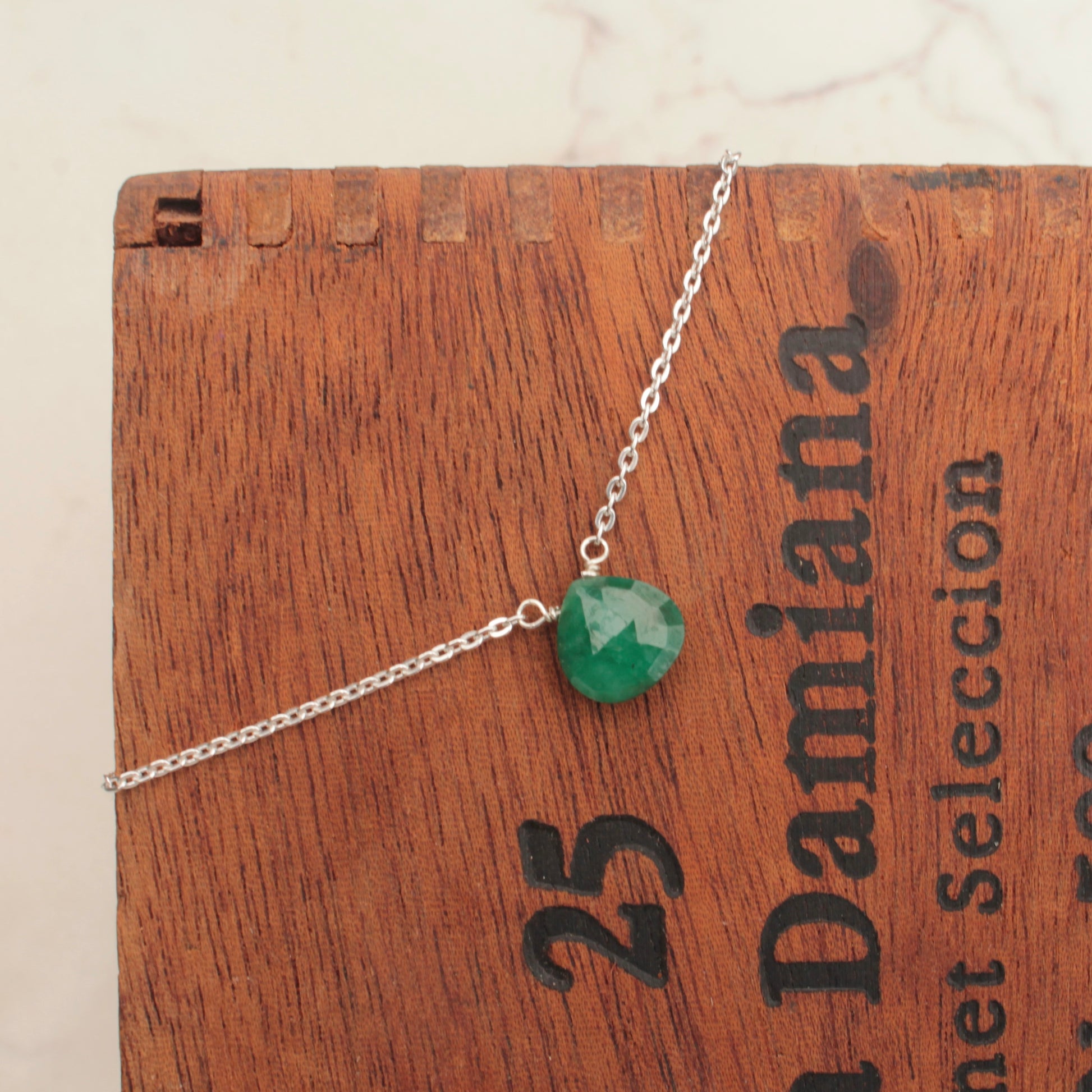 green emerald heart briolette on silver chain