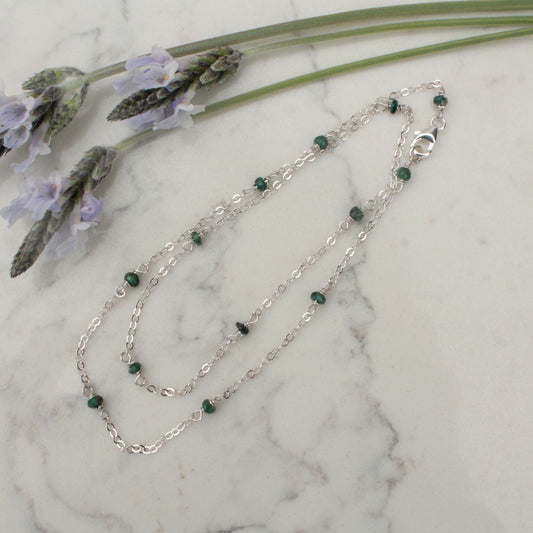 Tiny emerald beads strung on sterling silver chain necklace