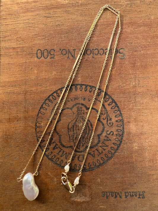 white cornflake pearl on gold filled chain