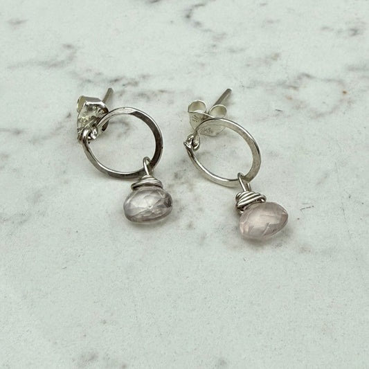 Sterling Silver Hammered Ring Post Earrings with Gemstone Drops