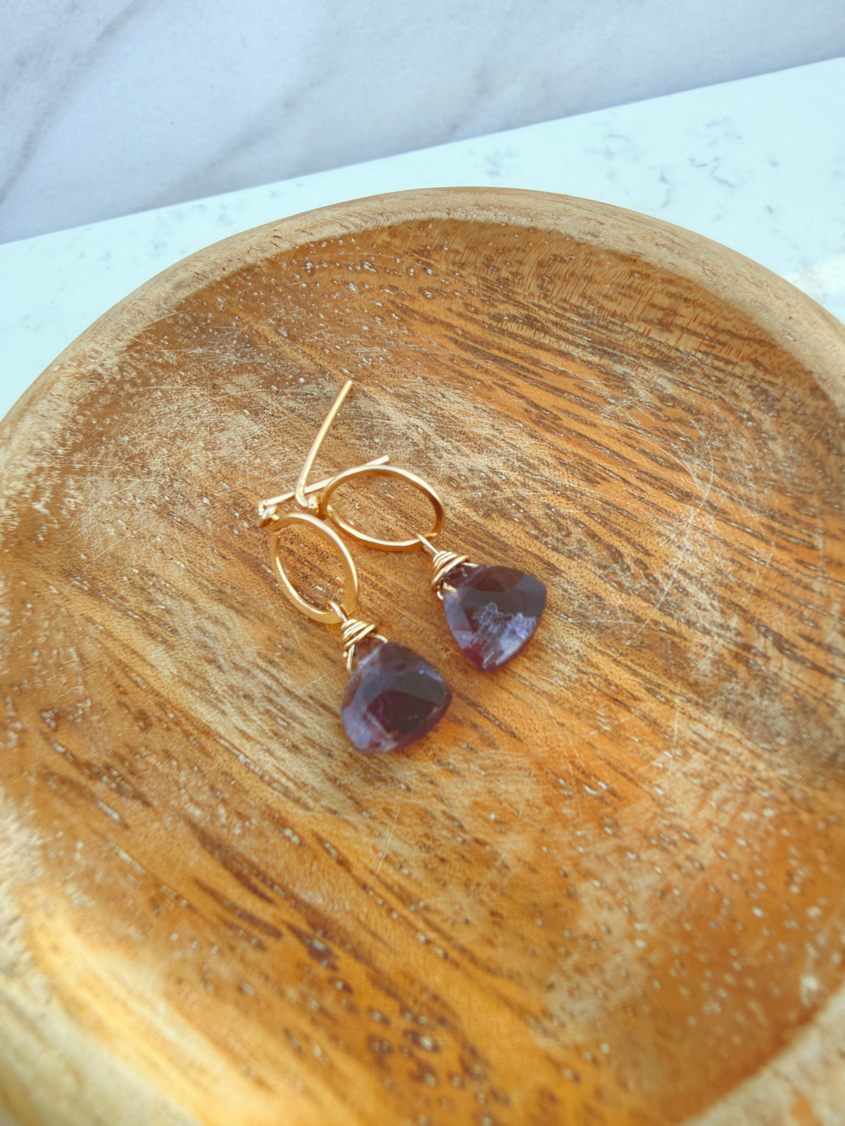 Gold Filled Hammered Ring Post Earrings with Gemstone Drops