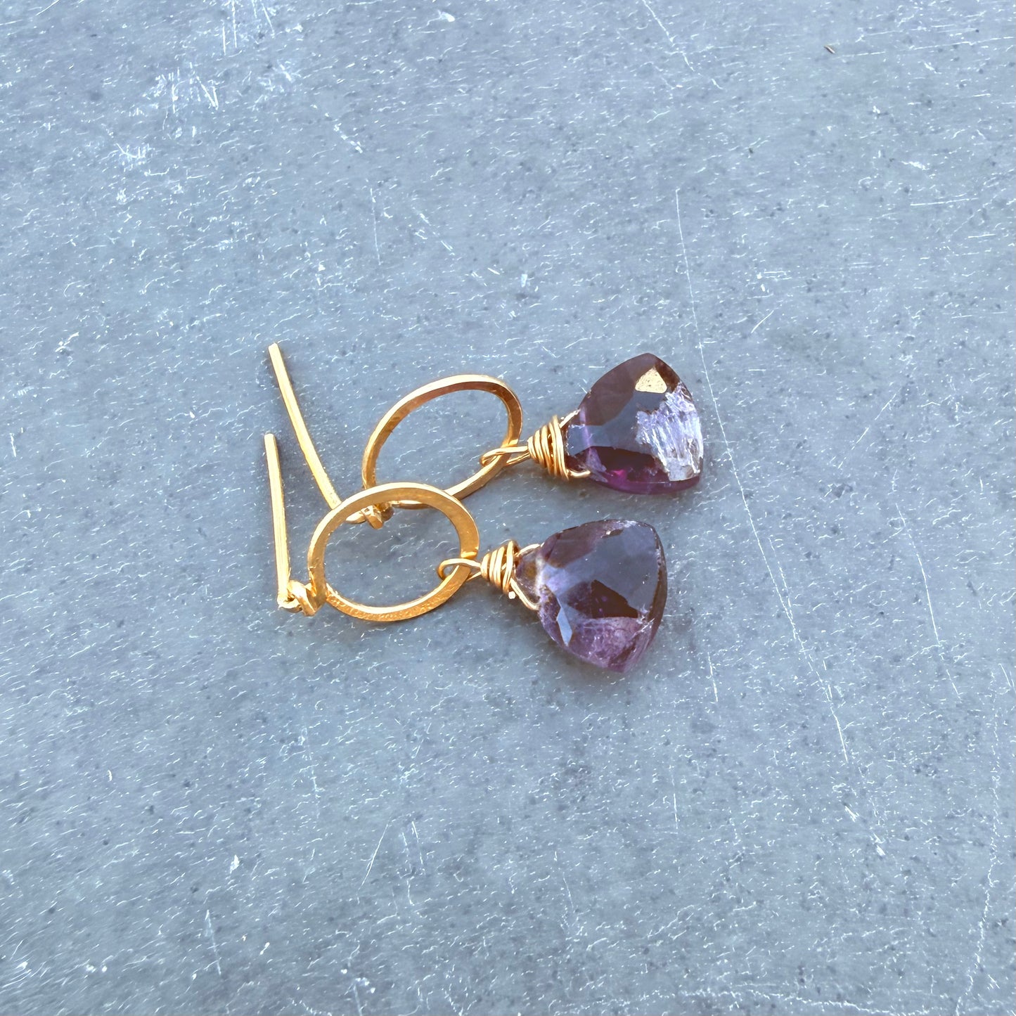 Gold Filled Hammered Ring Post Earrings with Gemstone Drops
