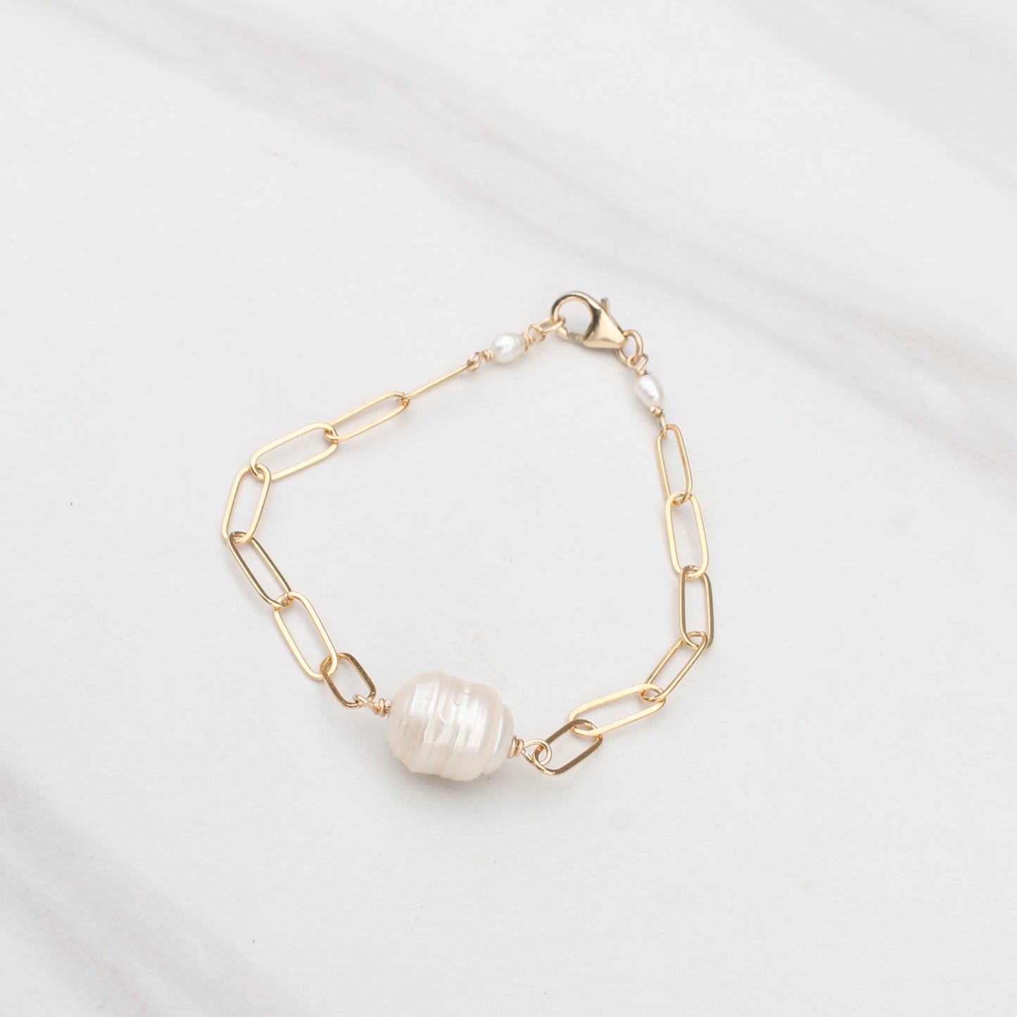 Ridged Pearl Gold Filled Paperclip Chain Bracelet