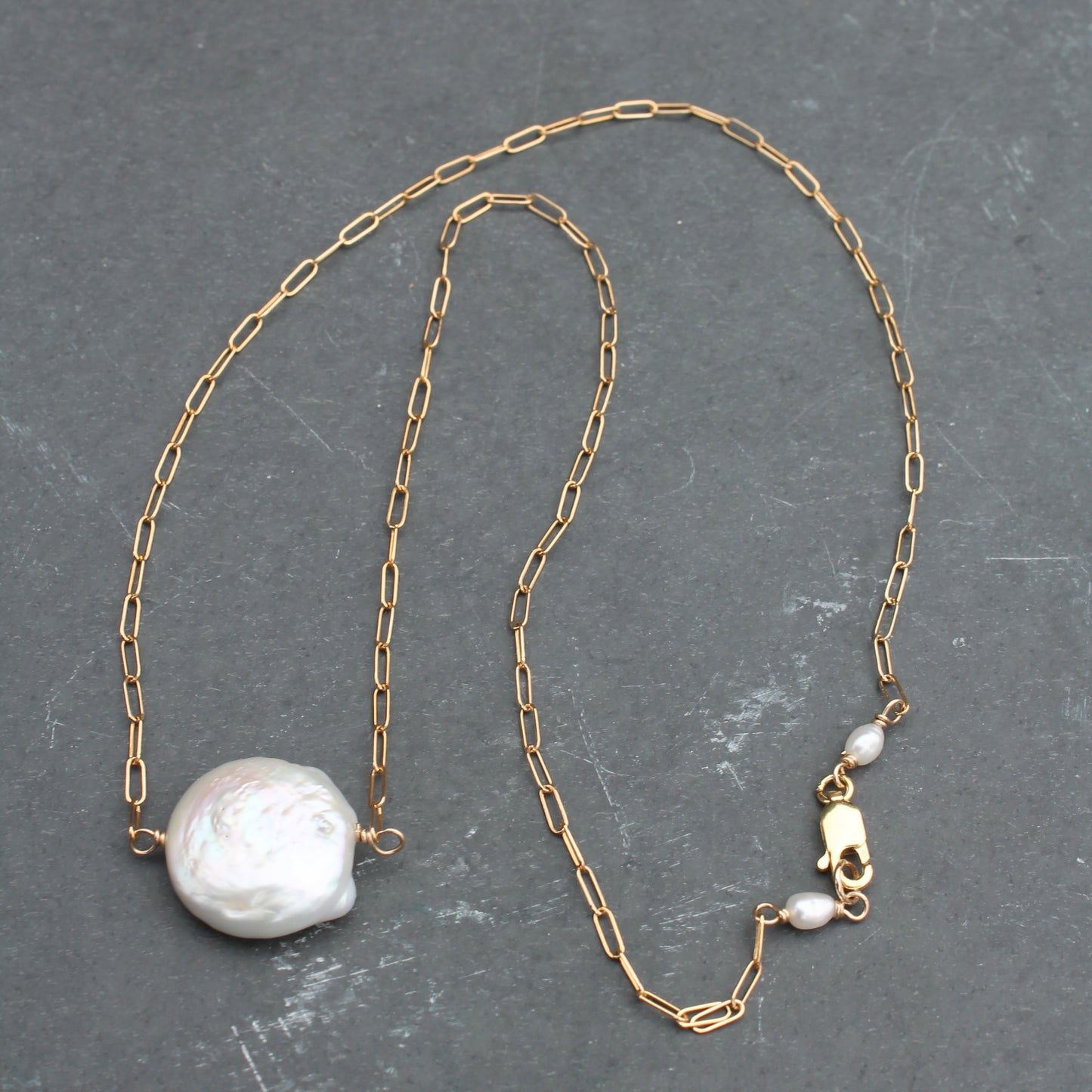 White Coin Pearl on Fine Paperclip Chain Necklace