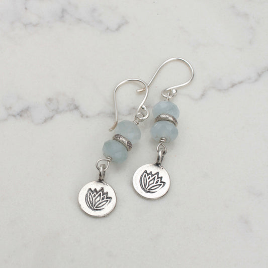 Aquamarine Earrings with Sterling Silver Lotus Charm