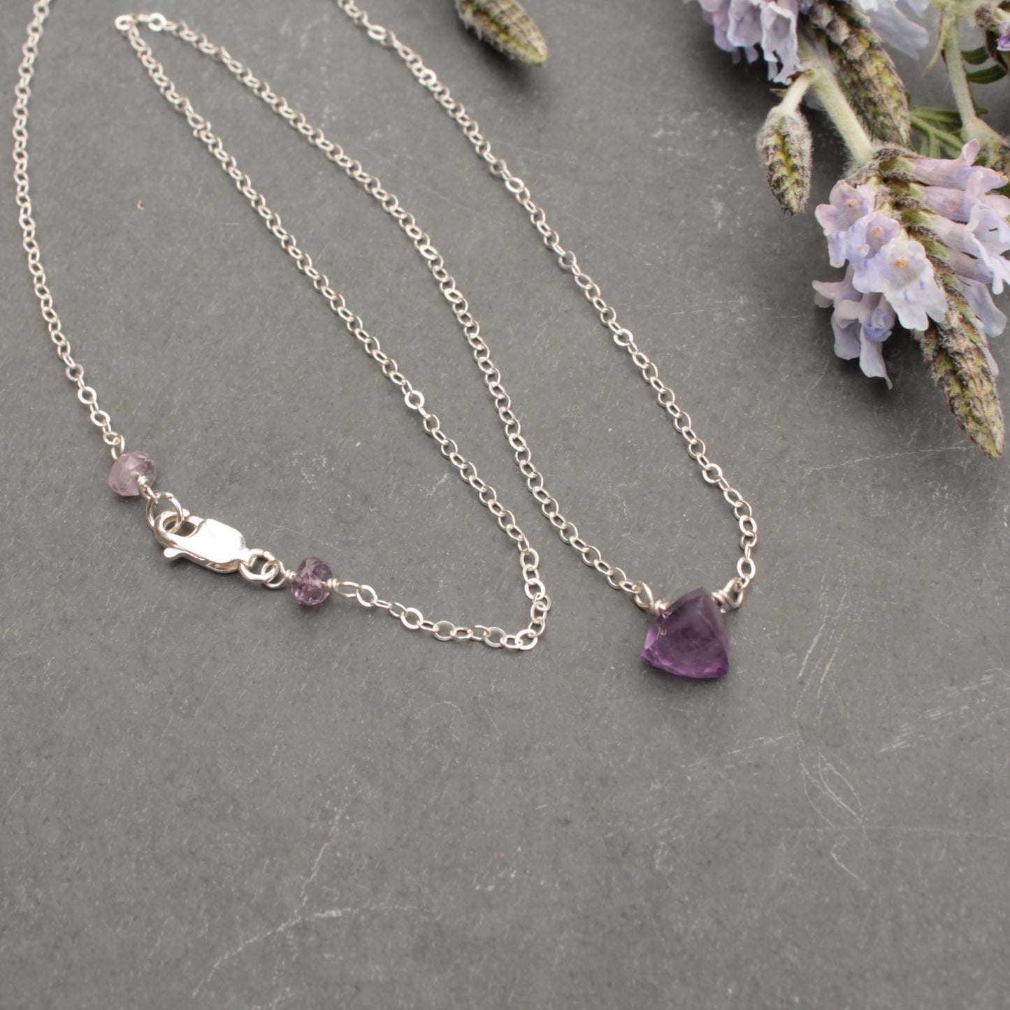 Trillion-cut Amethyst on Fine Silver Chain Necklace