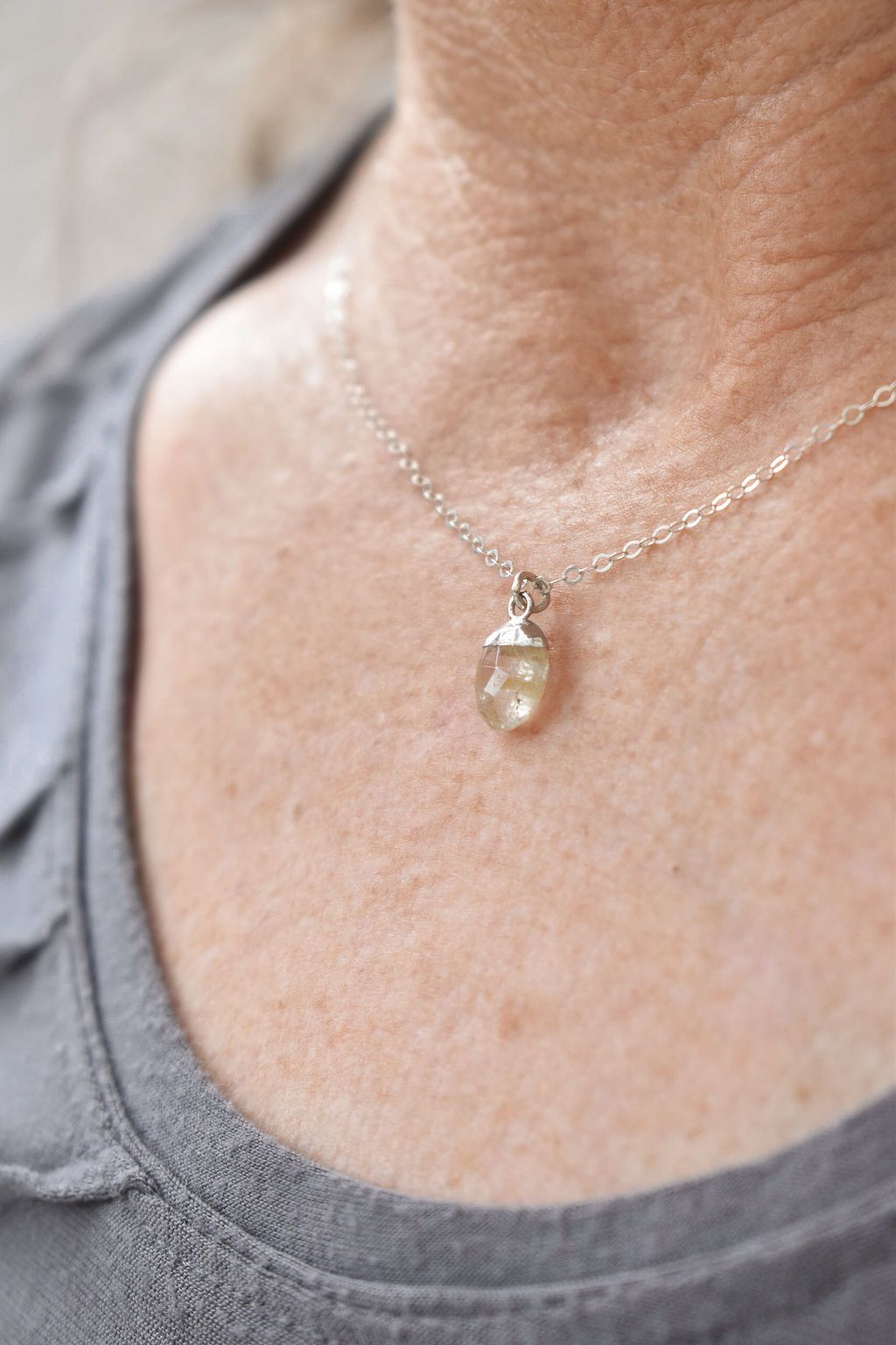 Tiny Gemstone Drop Charm on Fine Sterling Chain