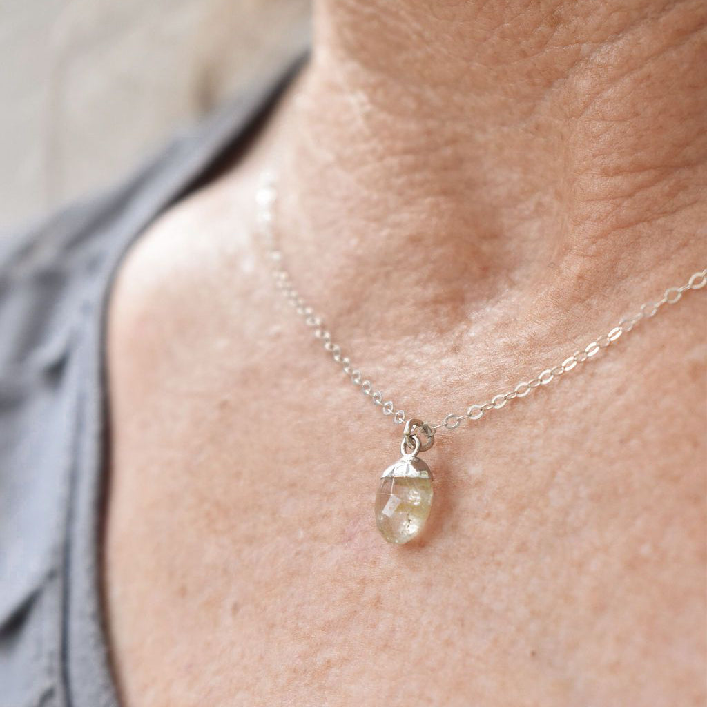 Tiny Gemstone Drop Charm on Fine Sterling Chain