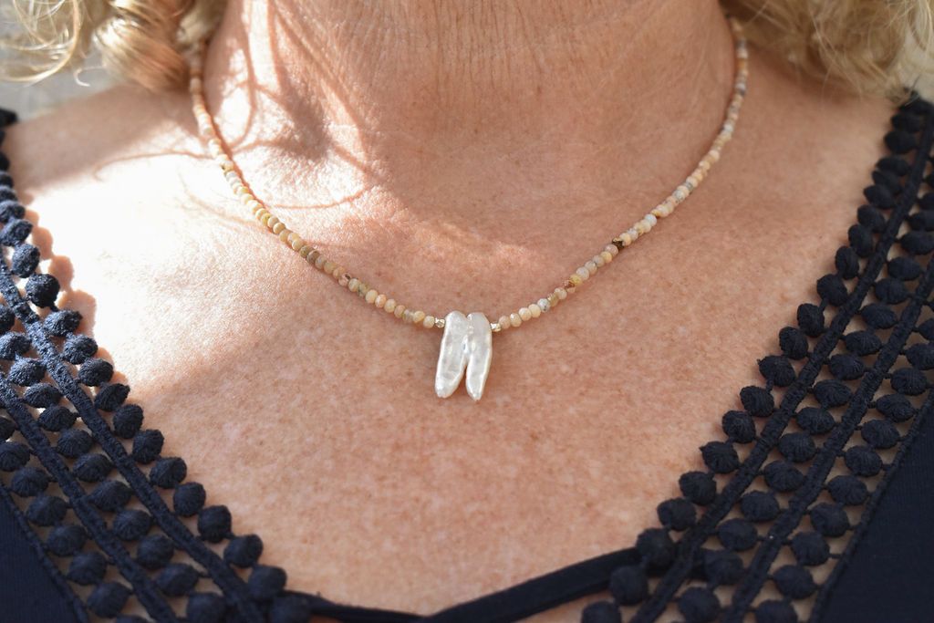Irregular Biwa Shaped Fresh Water Pearl and Gemstone Necklace