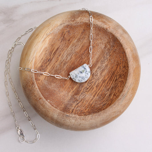 Dalmatian Jasper Half Moon Pendant Sterling Silver Paperclip Necklace