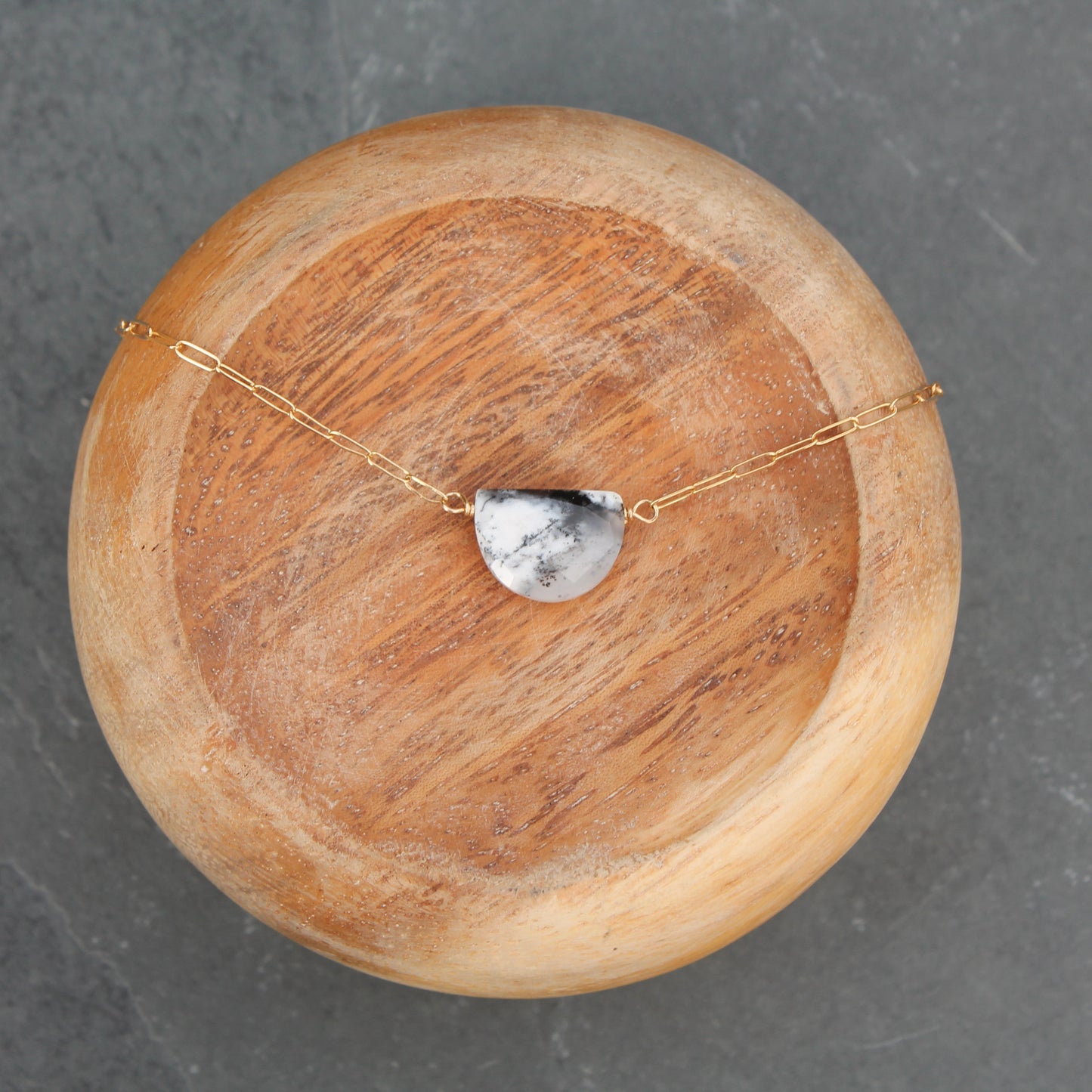 Dalmatian Jasper Half Moon Pendant Gold Filled Paperclip Necklace