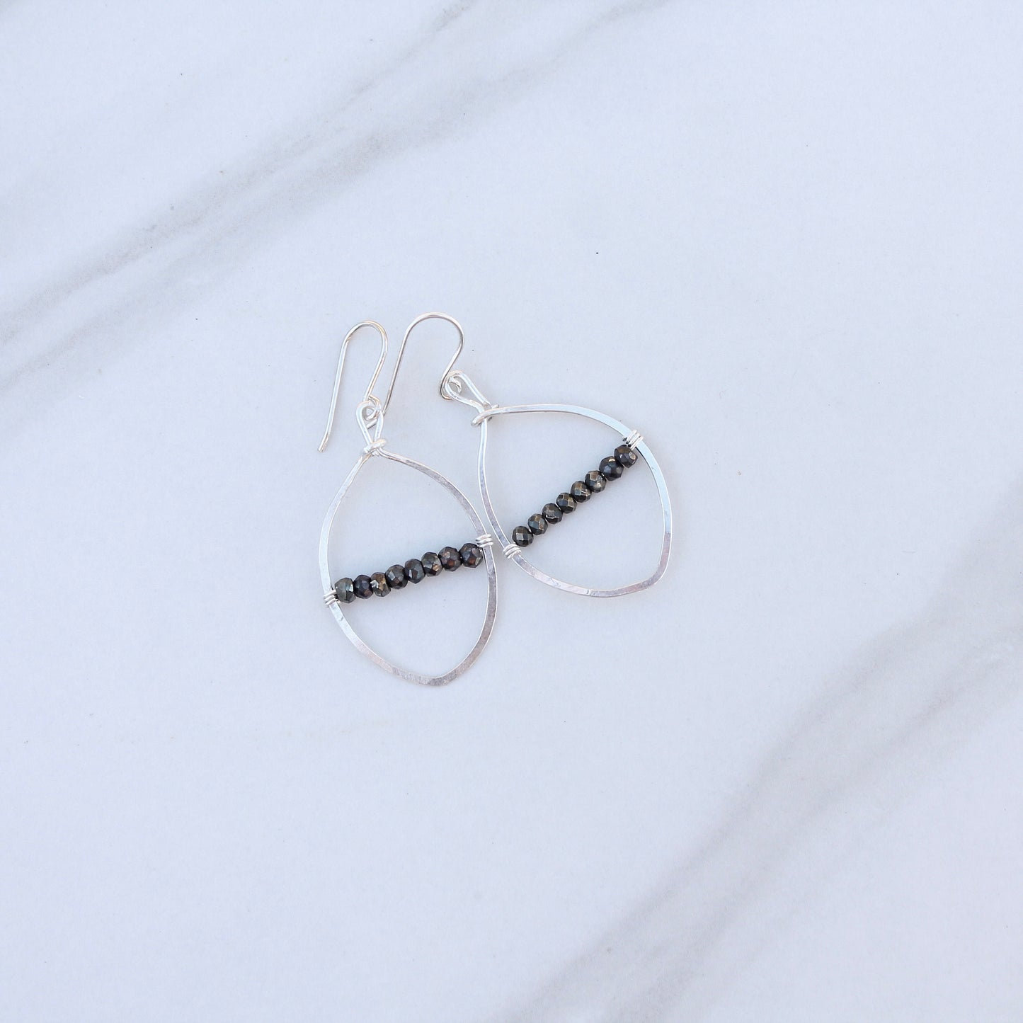 Hammered Silver Pointed Oval Loops with Iron Pyrite