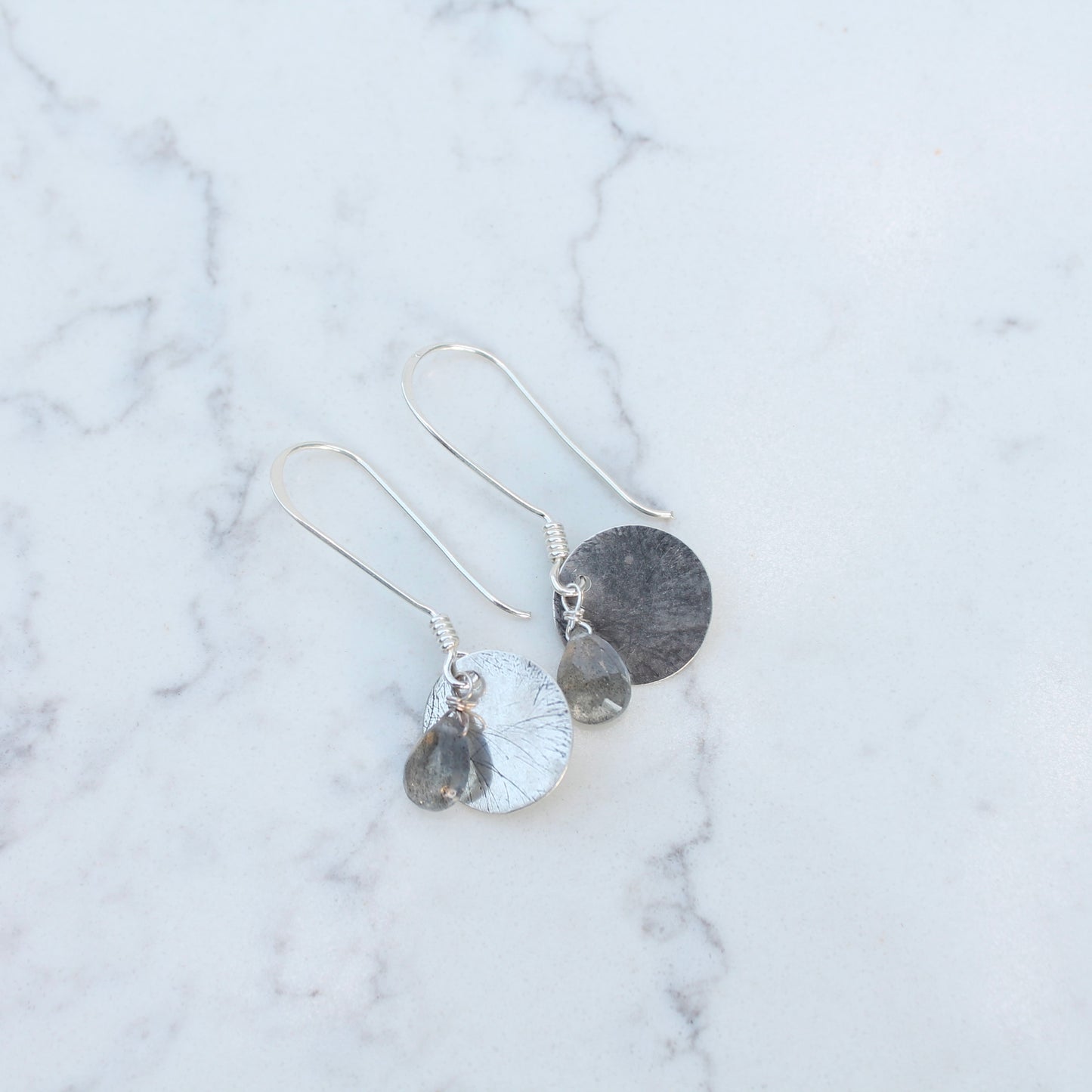Labradorite Briolette with Brushed Silver Disk on Long Wires