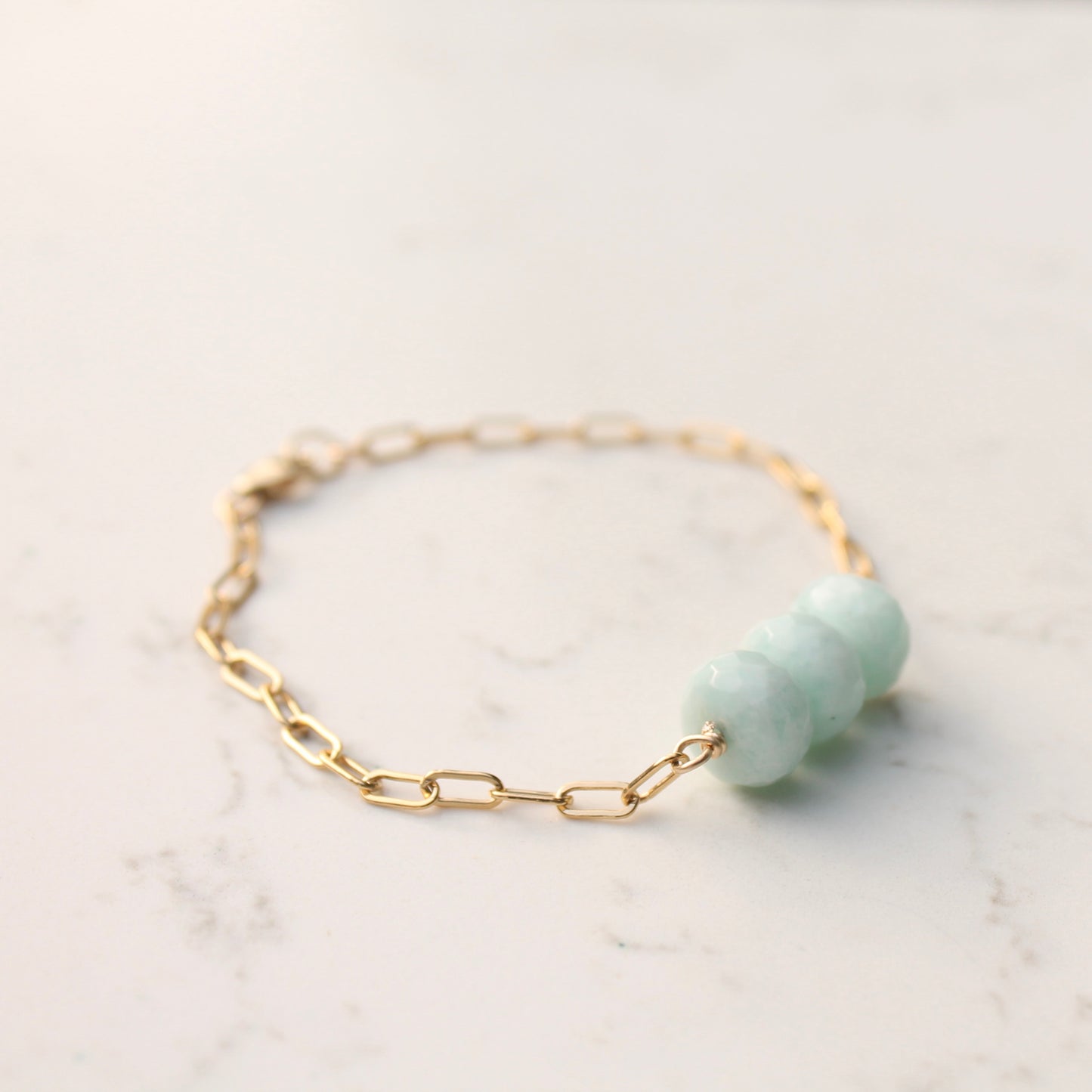 Three Aquamarine Gold Filled Paperclip Chain Braceletm