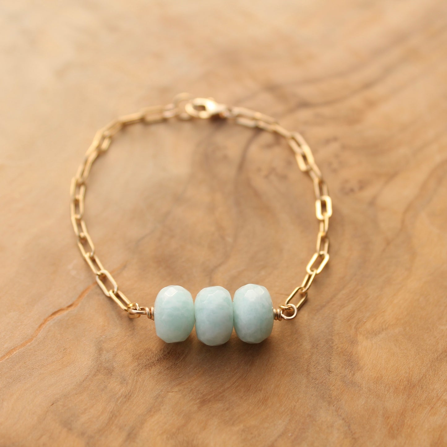 Three Aquamarine Gold Filled Paperclip Chain Braceletm