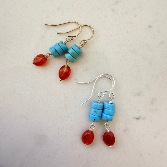 Triple Turquoise Heishi & Carnelian Earrings