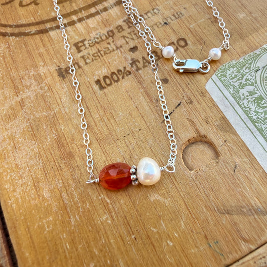 Carnelian and White Fresh Water Pearl Necklace