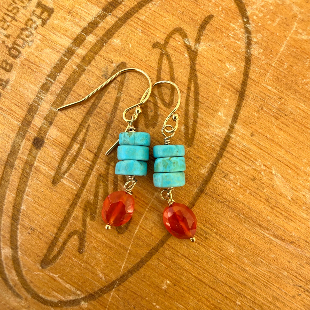 Triple Turquoise Heishi & Carnelian Earrings