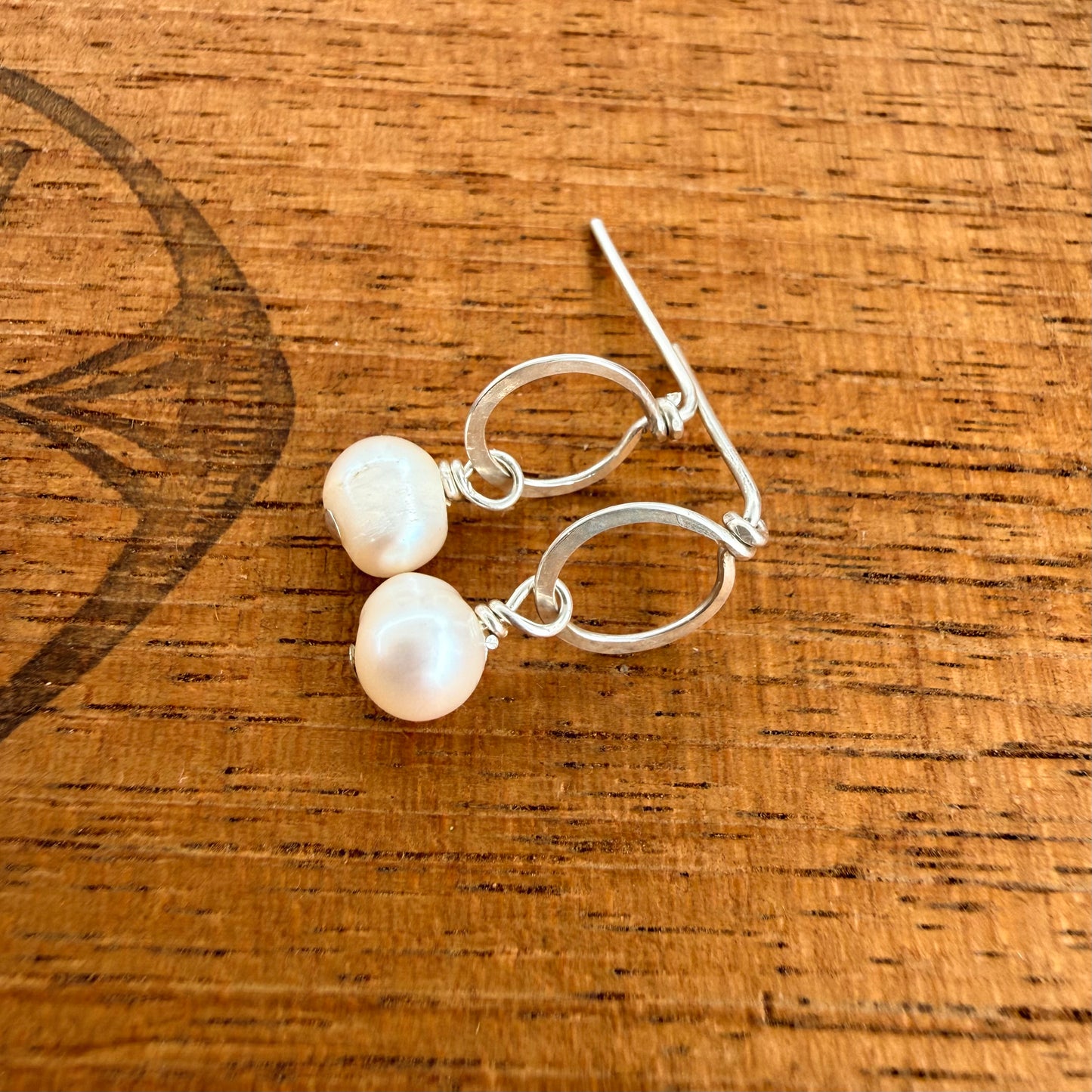Sterling Silver Hammered Ring Post Earrings with Pearl Drops