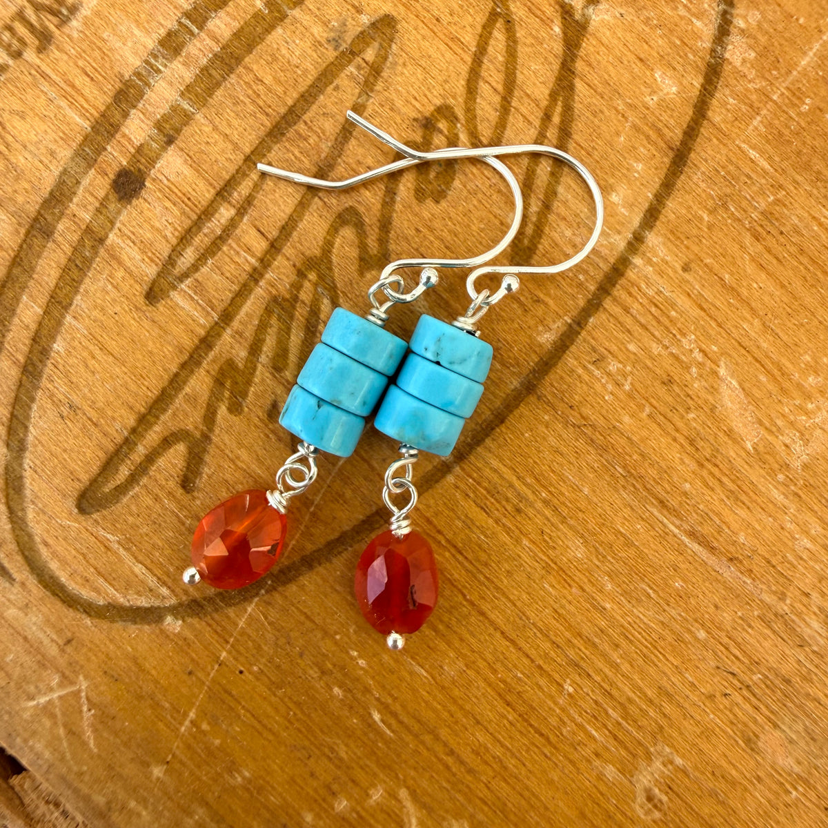 Triple Turquoise Heishi & Carnelian Earrings