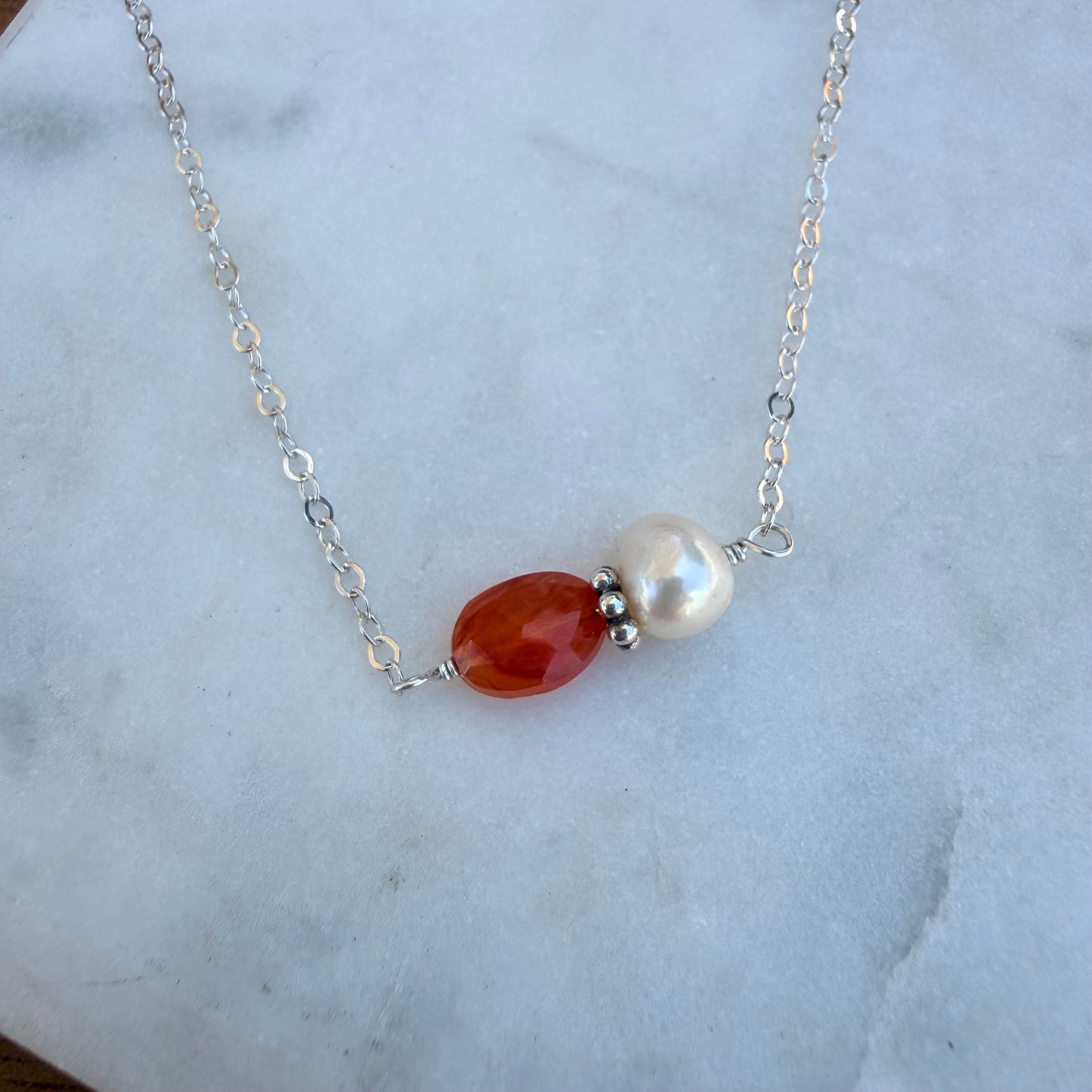 Carnelian and White Fresh Water Pearl Necklace