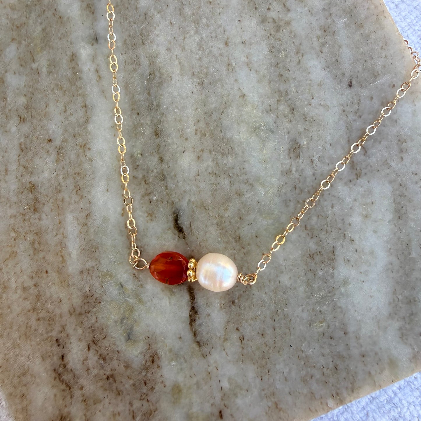 Carnelian and White Fresh Water Pearl Necklace