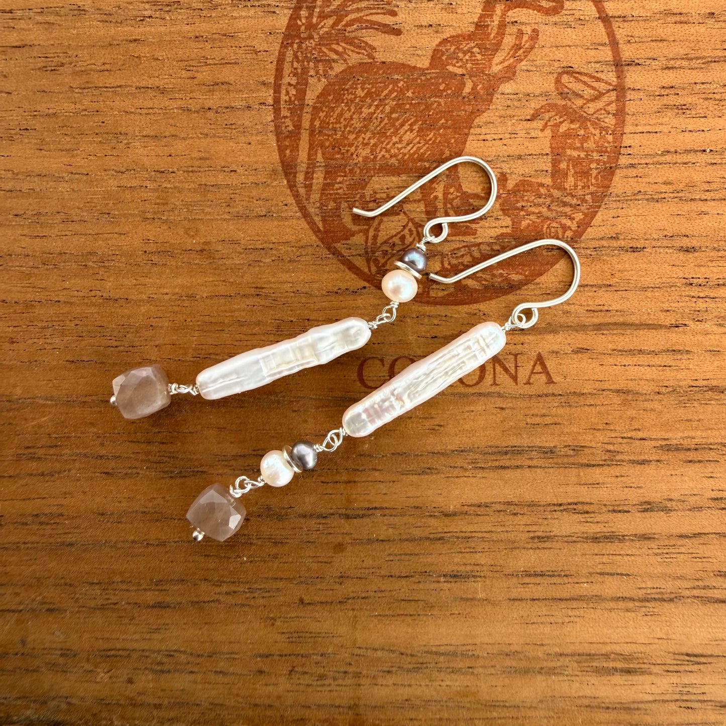 Abstract Stick Pearl and Moonstone Drop Earring