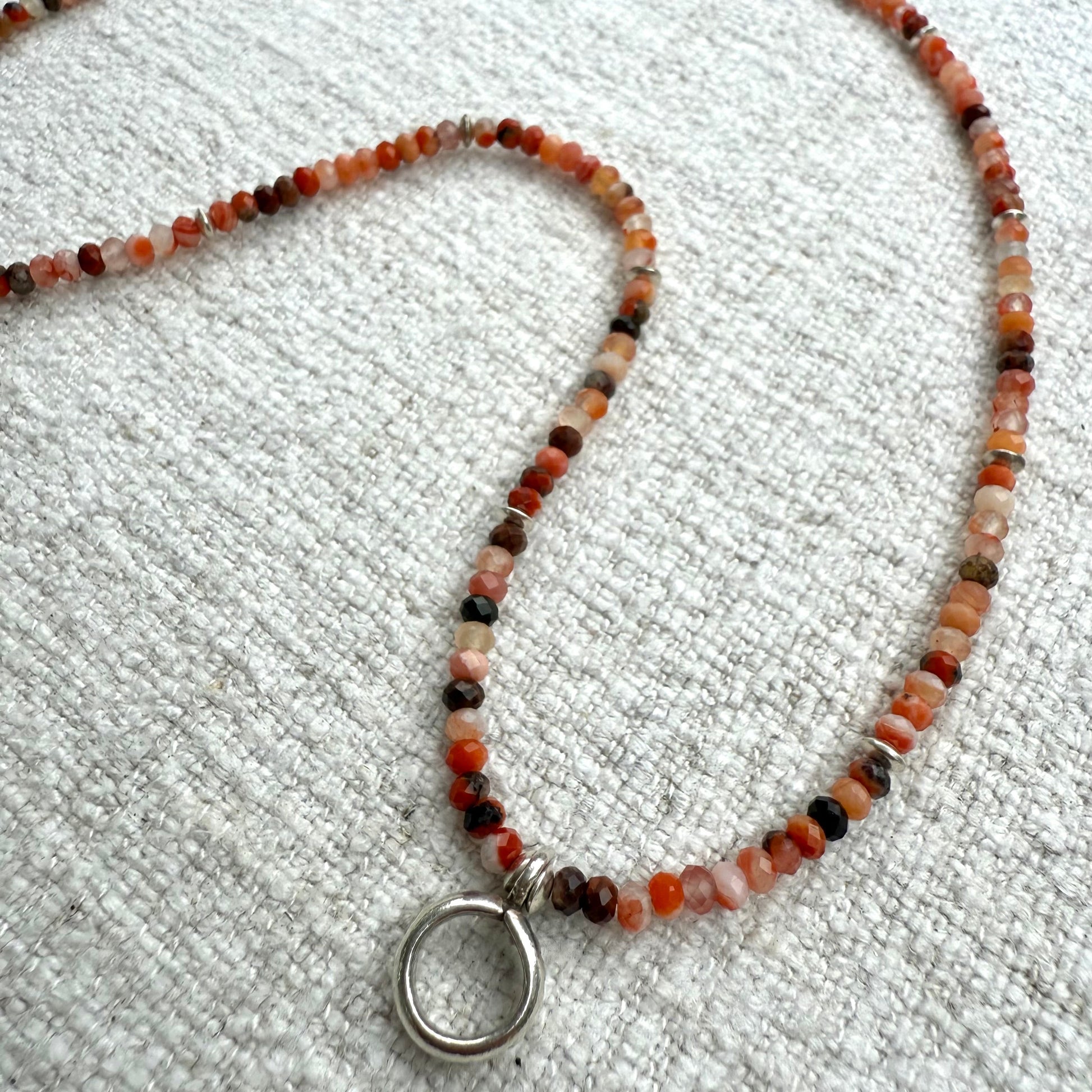 Open ring Hill Tribe silver pendant on agate beaded necklace 