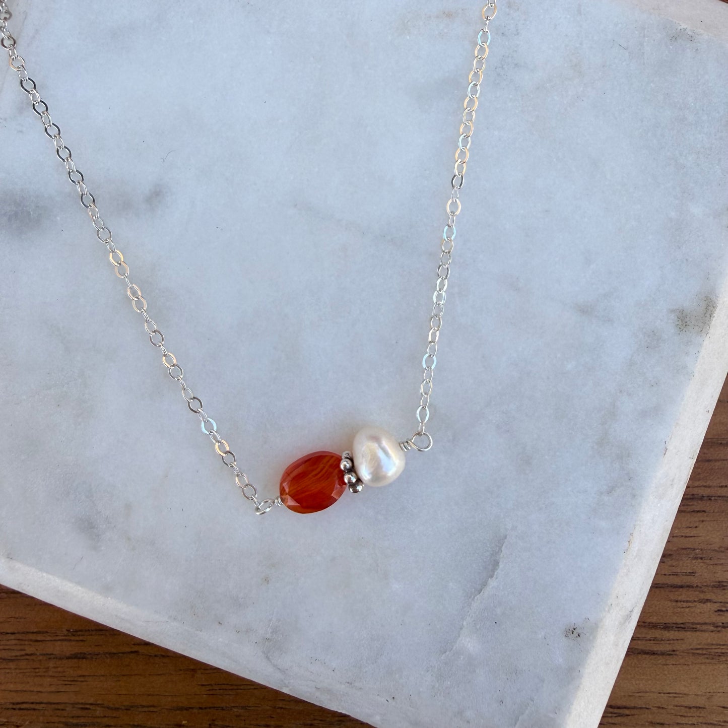 Carnelian and White Fresh Water Pearl Necklace