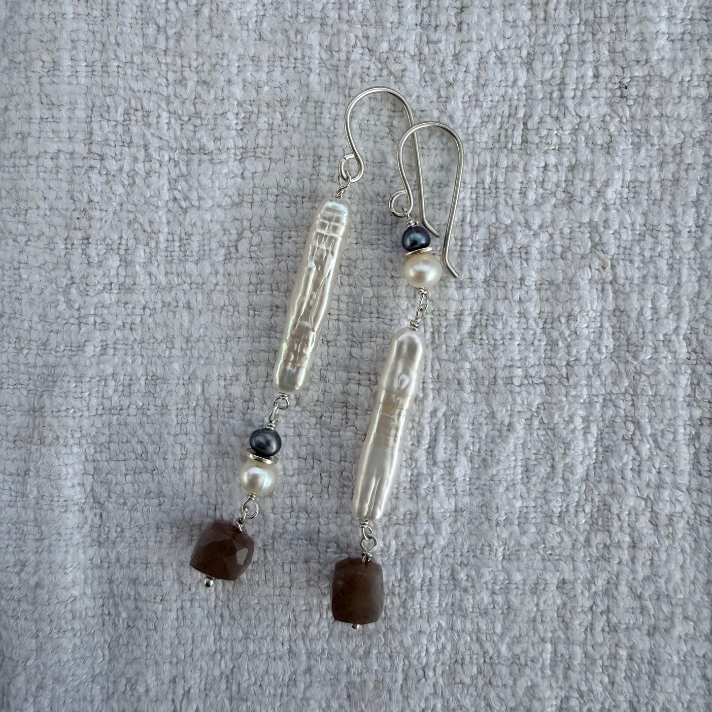 Abstract Stick Pearl and Moonstone Drop Earring