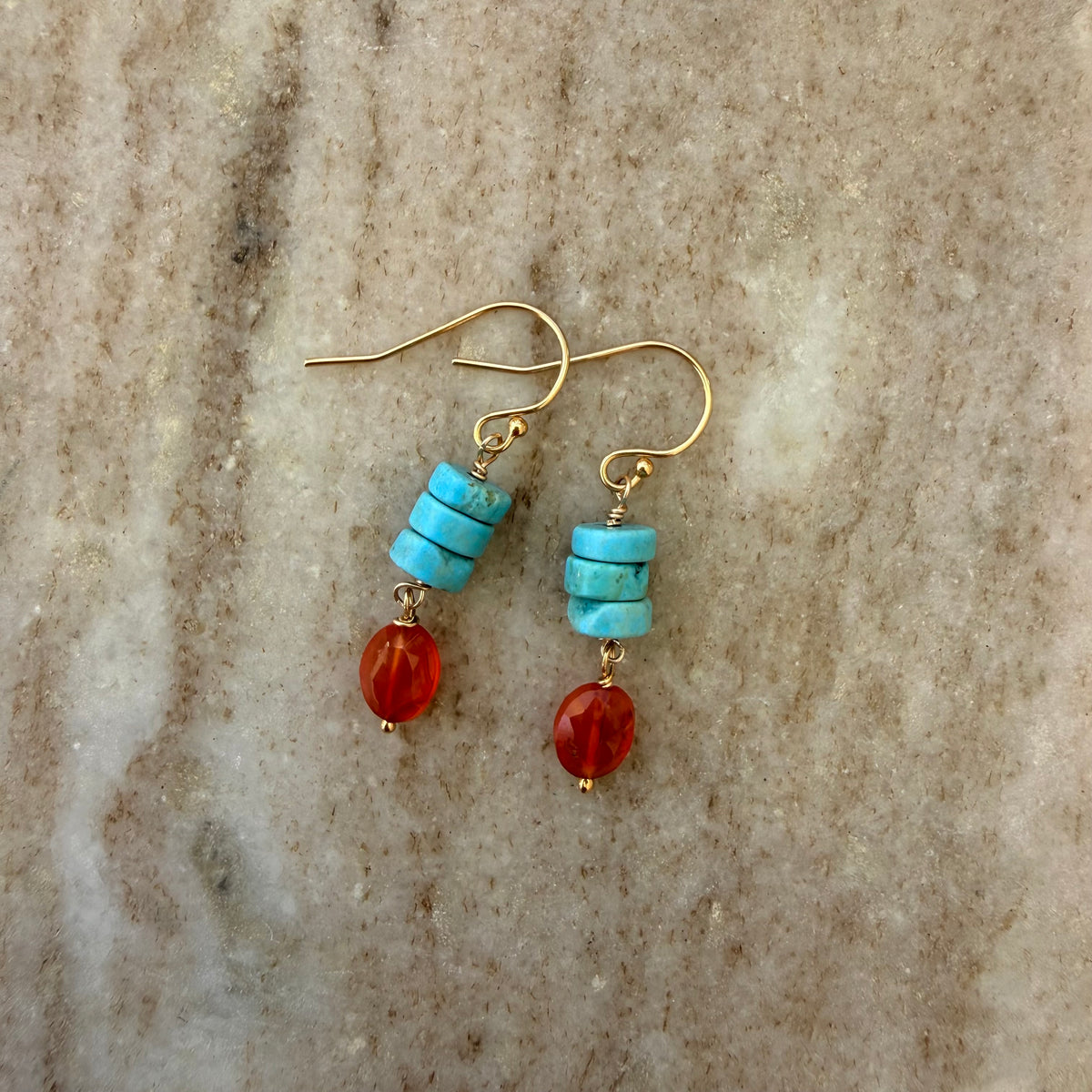 Triple Turquoise Heishi & Carnelian Earrings