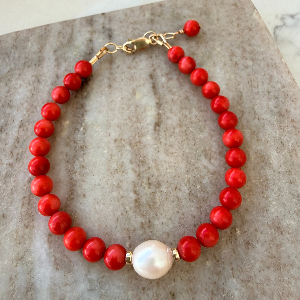 Red Coral and Fresh Water Pearl Bracelet