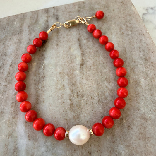 Red Coral and Fresh Water Pearl Bracelet