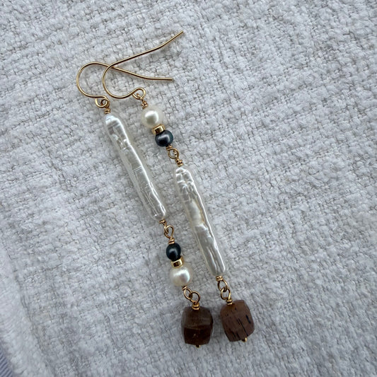 Abstract Stick Pearl and Moonstone Drop Earring