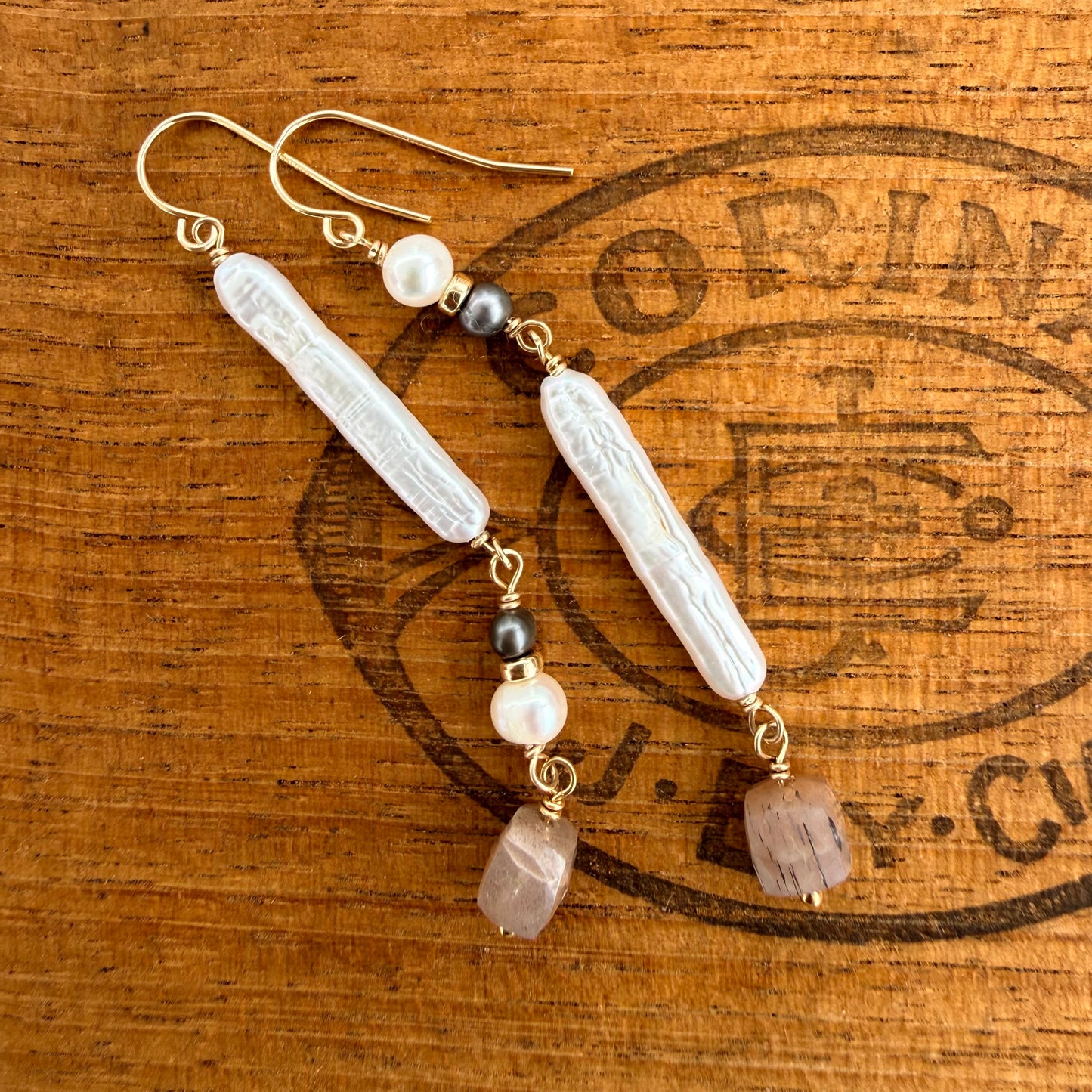 Abstract Stick Pearl and Moonstone Drop Earring