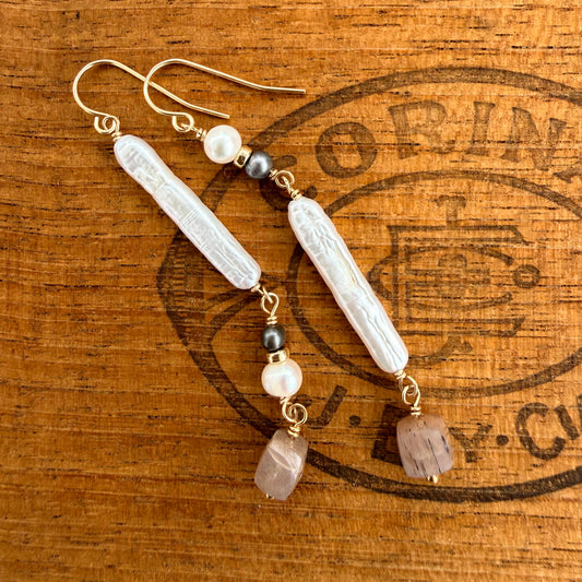 Abstract Stick Pearl and Moonstone Drop Earring