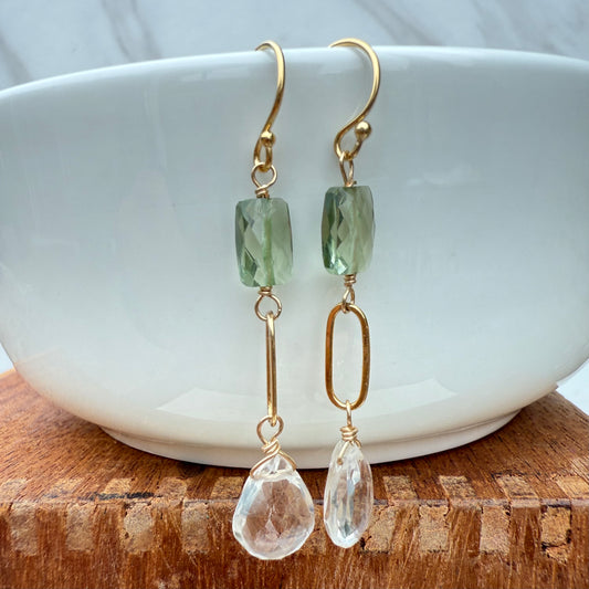 Green amethyst and citrine gold filled earrings