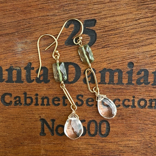 gold filled green amethyst baguette with citrine briolette drop earrings