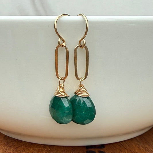 Emerald Briolette Gold Filled Earrings