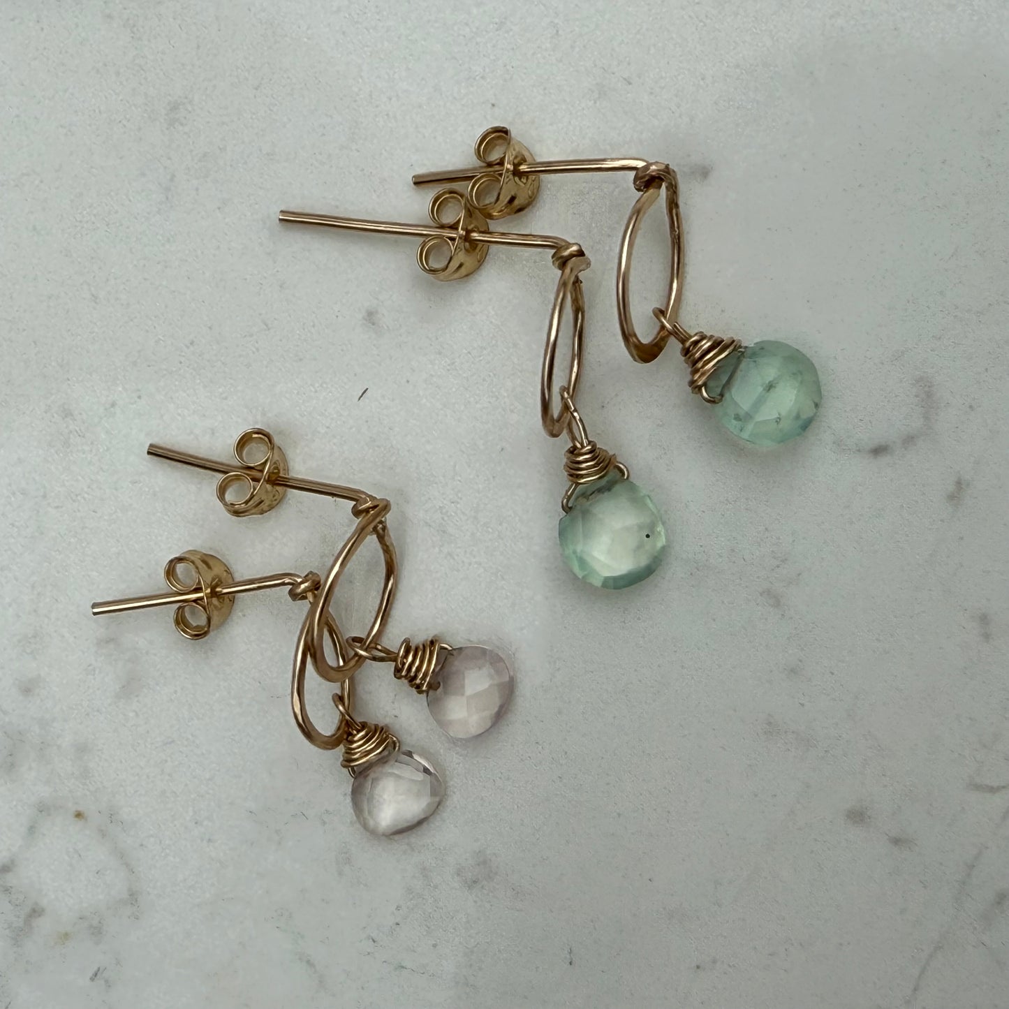 Gold Filled Hammered Ring Post Earrings with Gemstone Drops