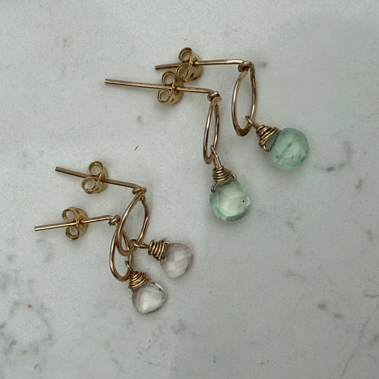 Gold Filled Hammered Ring Post Earrings with Gemstone Drops