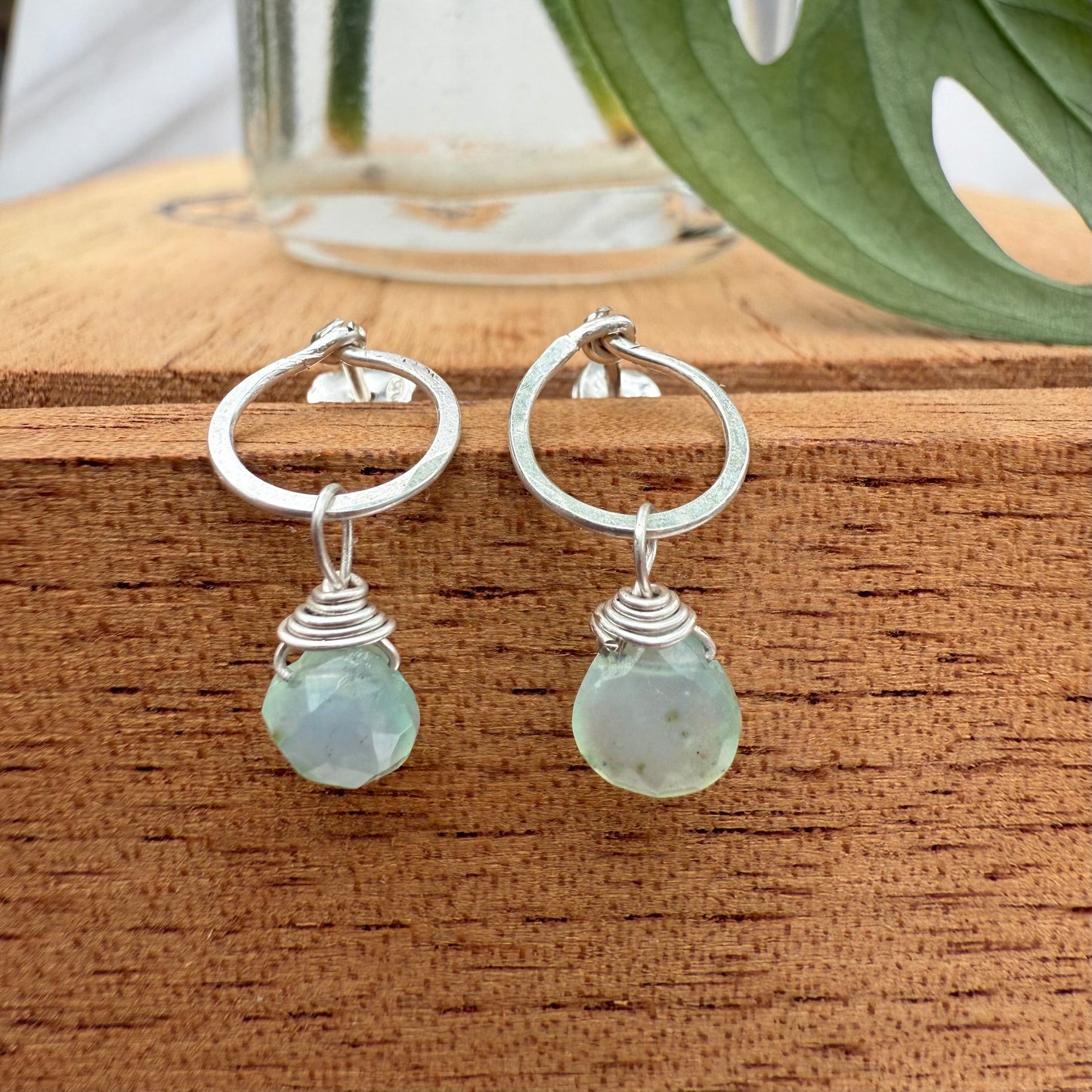 Sterling Silver Hammered Ring Post Earrings with Gemstone Drops