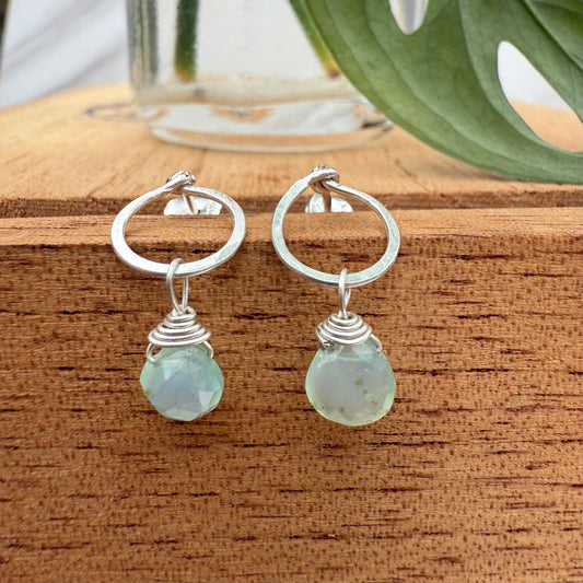 Sterling Silver Hammered Ring Post Earrings with Gemstone Drops