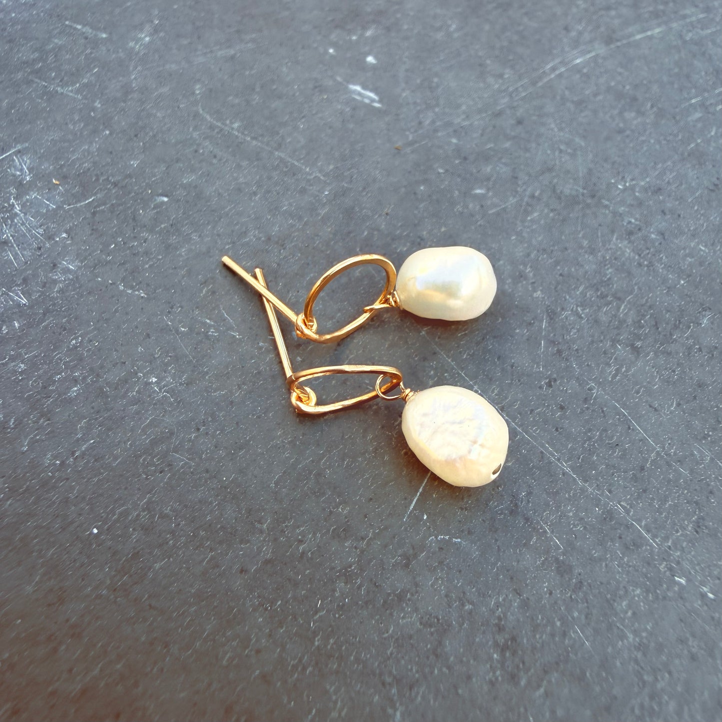 Gold Filled Hammered Ring Post Earrings with Pearl Drops